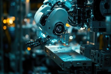 A robotic arm is working on a piece of metal, with precise movements and tools