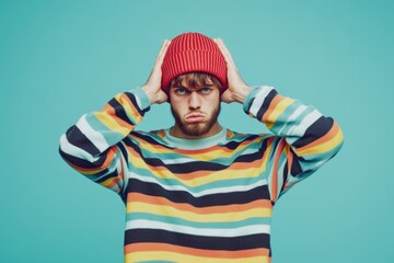 Fototapeta premium A person wearing a striped shirt and a red hat, possibly for a costume or theme party