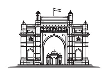 Obraz premium Vintage Woodcut Illustration of Historic Indian Monument with Arches and Flag