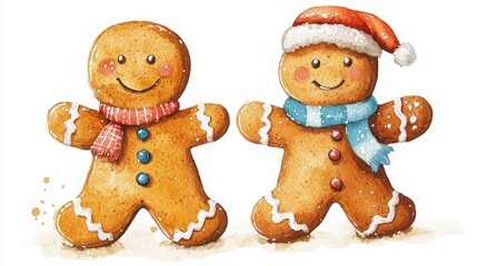 t watercolor elements with Gingerbread cookies,Cute christmas gingerbread man and girl,New Year,menu,season greeting,xmas,sweet homemade biscuits