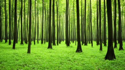 Lush Green Forest with Tall Trees and Grassy Floor
