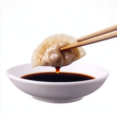 Delicious dumpling held with chopsticks, dripping soy sauce, cut out isolated on white a background