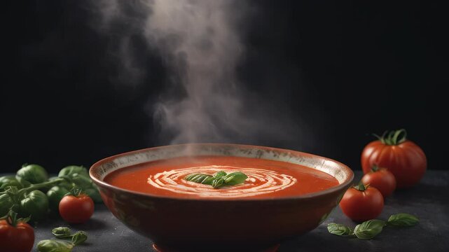 Vegetable red puree soup with chunks of roasted tomatoes and basil on a black background. Generative AI.