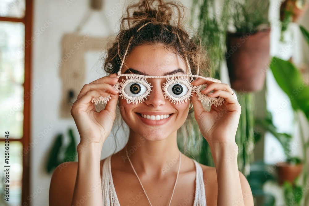 Poster a woman holds up a pair of reading glasses, focusing on something in the background