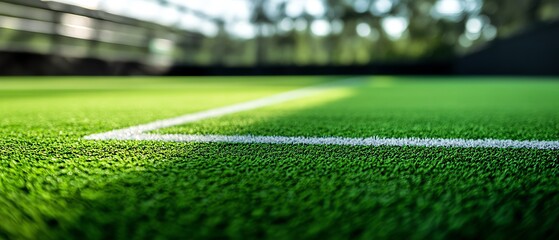 Naklejka premium Detailed closeup of a lush green sports field with bright white corner lines, vibrant colors, and sharp contrasts, highlighting the beauty of athletic venues