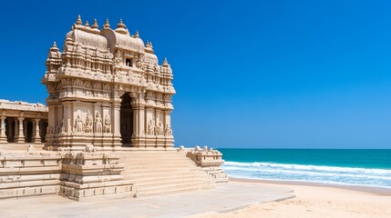 Obraz premium Ancient Hindu Temple on Sandy Beach with Turquoise Ocean and Blue Sky
