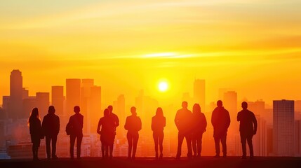 Fototapeta premium Group of people at the summit, scenic view with hills and valleys