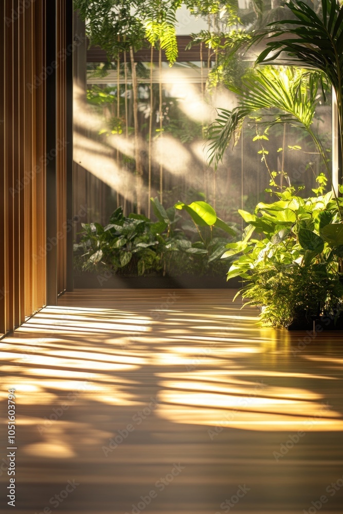 Poster a sunbeam shines through a window onto a wooden floor, creating a warm and inviting atmosphere