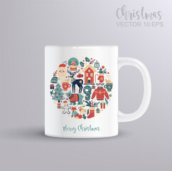 Christmas design with forest animals and decorative elements in vintage style. Christmas concept with mug mockup