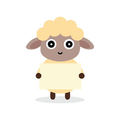 Cute cartoon sheep character holding a blank sign isolated flat vector illustration on white background