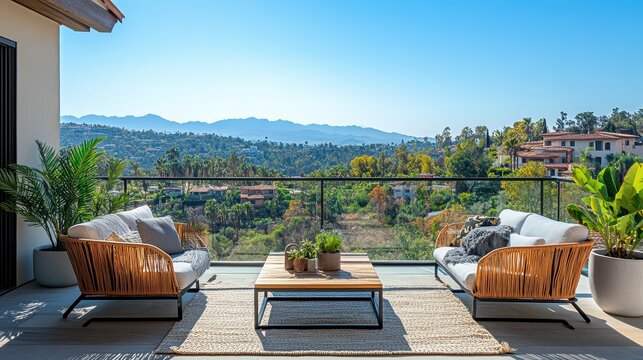 Vibrant balcony overlooking scenic views, furnished with cozy chairs and plants, creating an inviting outdoor space. - Powered by Adobe