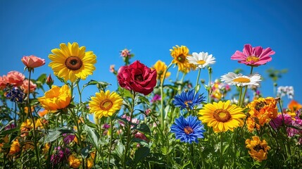 Obraz premium Vibrant flower garden bursting with colors, featuring blooming roses, daisies, and sunflowers under a clear blue sky.