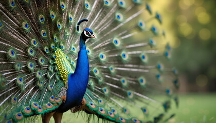 Obraz premium Peacock with spread tail in nature, vibrant and majestic view