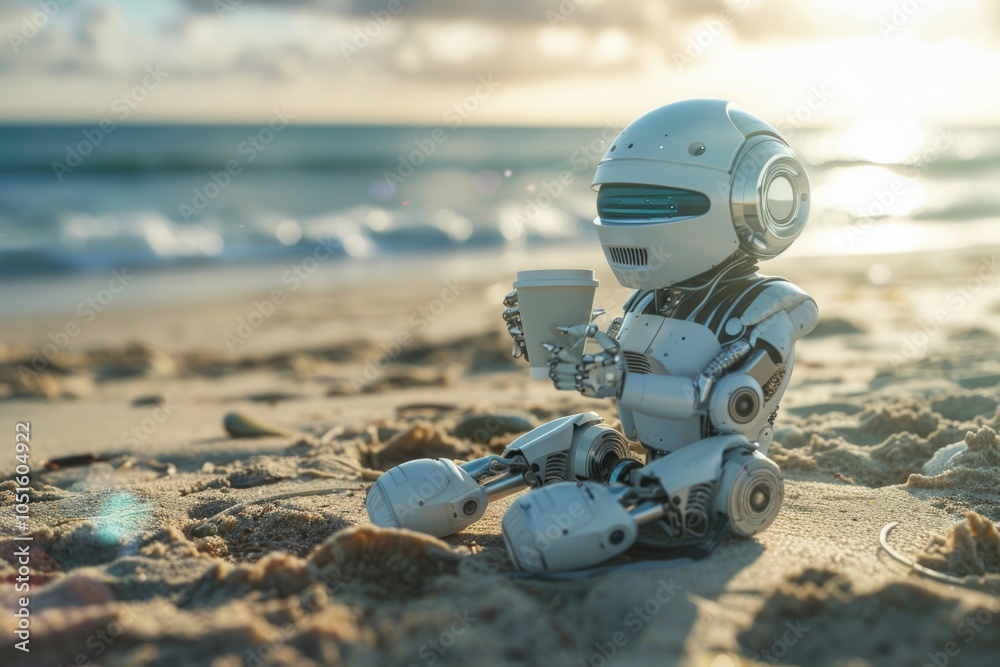 Poster a robot relaxing on a beach with a cup of coffee, perfect for a futuristic or sci-fi concept