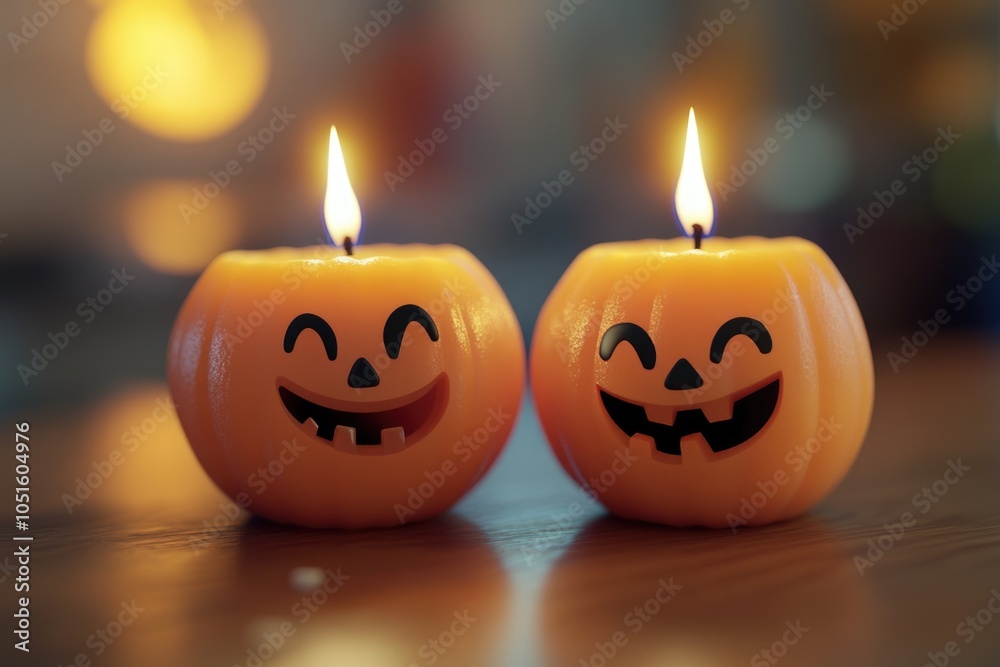 Poster two ceramic candles with expressive faces sit on a table, perfect for decorative use or as a creativ