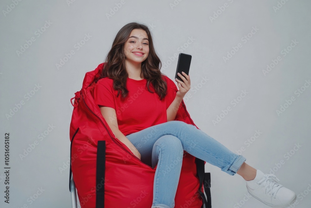 Poster a woman is sitting on a red bean bag, holding a cell phone and possibly texting or browsing