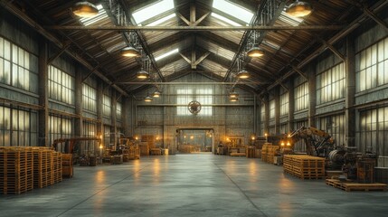 Industrial Warehouse Interior with Pallets and Equipment