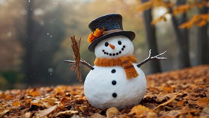 Obraz premium Snowman first snowman in autumn small snowman on fallen yellow leaves with hat and scarf