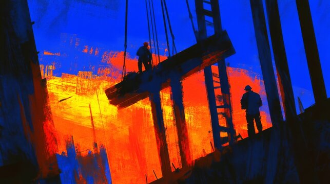 Vibrant Construction Scene at Sunset with Workers