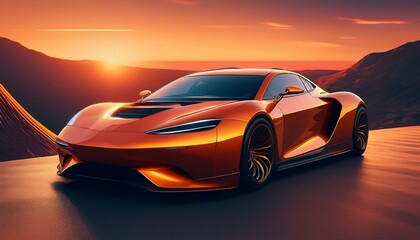 Fototapeta premium Font of a orange sport luxury car in sunset light