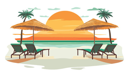 Obraz premium Colorful Beach Sunset with Palms and Lounge Chairs - Tropical Vector Illustration