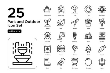 Naklejka premium Park and Outdoor Outline Icon Set: Green Spaces, Gardens, and Community Recreation Icons