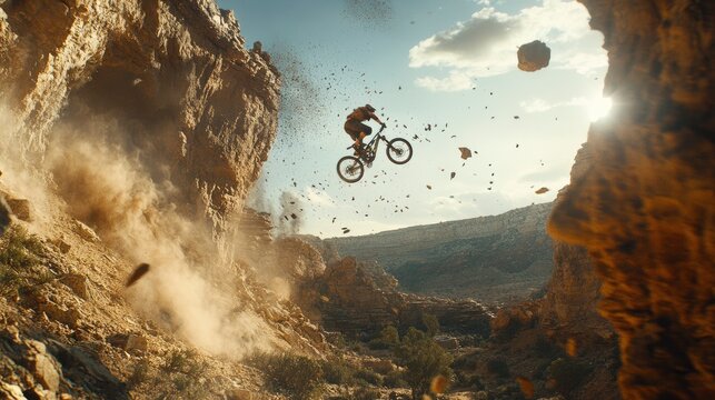 Mountain biker jumps off a cliff, creating a dust cloud.