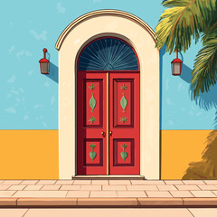 Fototapeta premium Vibrant Red Door with Arched Top and Tropical Foliage in Bright Colorful Setting