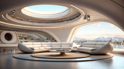 Fototapeta premium Futuristic wide Living room in very refined style mainly in cream color with large rings for white lighting and a wide view on a big city
