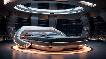 Futuristic wide Bedroom in light grey color with large rings for warm lighting and a wide view on a night big city