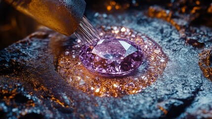 Fototapeta premium Visual depiction of a gemstone being cut and polished, illustrating the transformation from raw stone to exquisite jewelry.