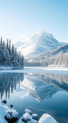 A quiet winter natural landscape with a quiet lake and a winter forest covered with snow flowers and a snow-covered mountain in the distance. Reflected on the lake.