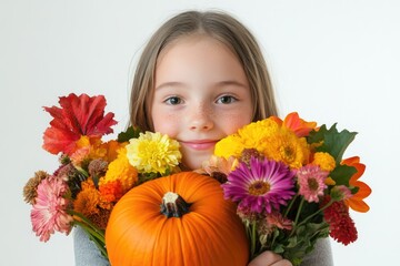 Fototapeta premium A young girl holds a pumpkin and bouquet of flowers