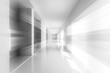 A classic black and white image of a long hallway with a simple, elegant design