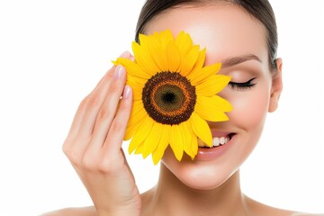 A woman holds a sunflower in front of her face, hiding from view