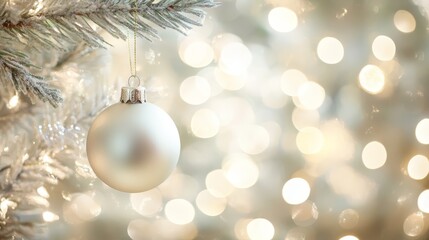 Elegant white ornament adorns a christmas tree, symbol of holiday cheer and winter wonderland