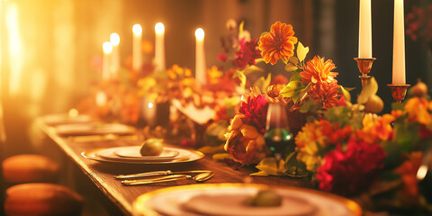 Elegant Thanksgiving Table with Candelabras: Gilded autumn tones and warm glow