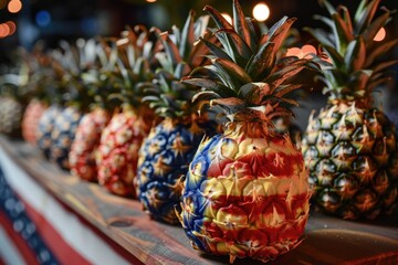 Freshly painted pineapples arranged on a wooden table, perfect for decorative purposes or as a centerpiece