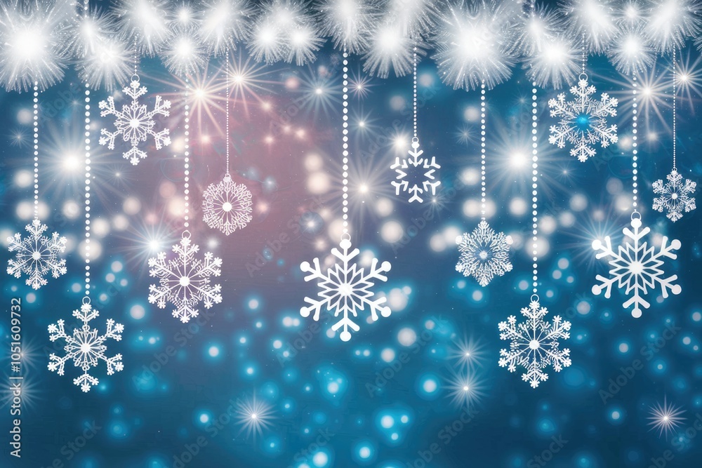 Poster White snowflakes hang on strings against a blue bokeh background.