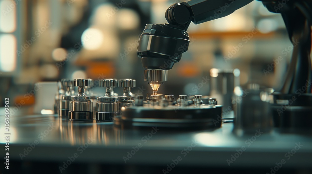 Poster robotic arm using precision tool in factory setting