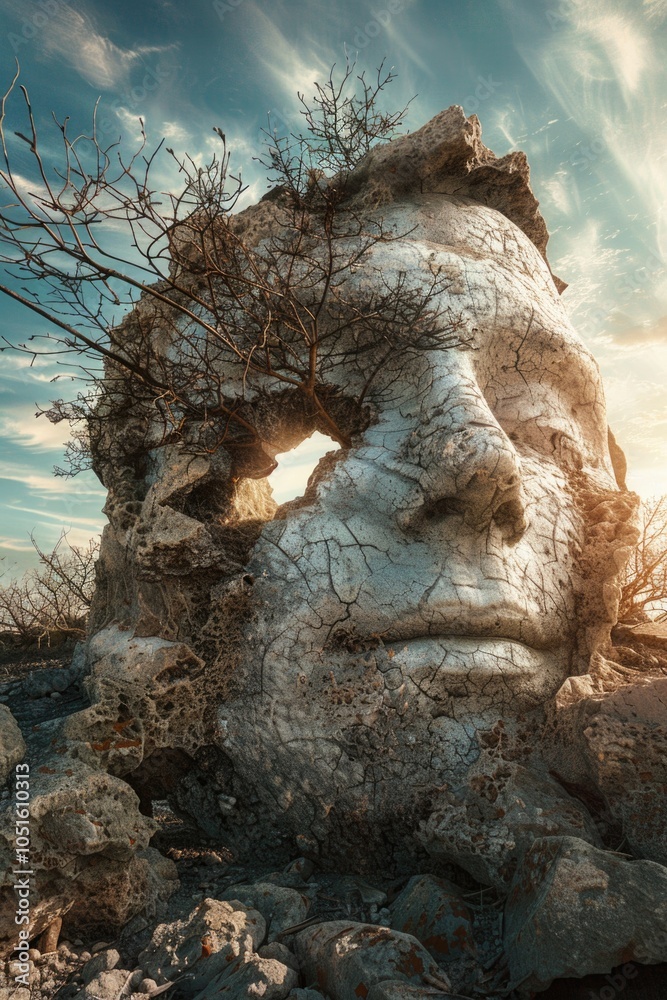 Poster A ancient stone face with a tree sprouting from the top, blending natural and architectural elements