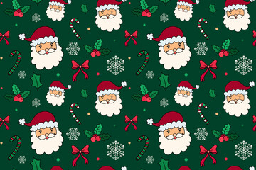 Santa Claus Head Seamless Pattern with Candy Canes, Holly Berry, Bow and Snowflakes on Green Background. Santa head print motif for festive holidays season, merchandise, packaging, invitations. 