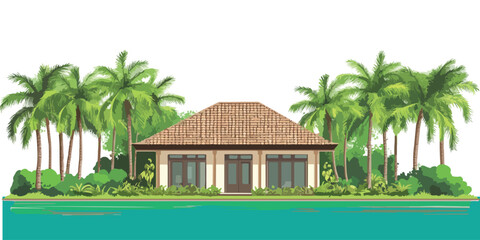 Traditional Indian Home with Palm Trees by Water - Flat Vector Illustration