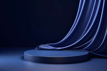 3d display podium with navy background, pedestal, and flowing navy silk curtain