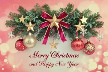 Christmas greeting with ornaments  stars and a red bow.