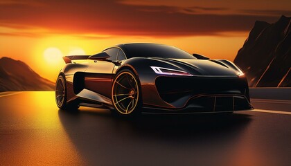 Font of a black sport luxury car in sunset light