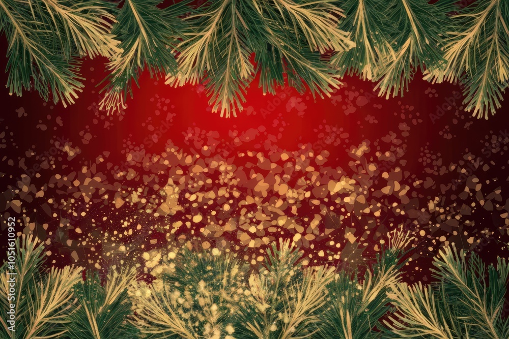 Aufkleber pine branches frame a red background with gold glitter.