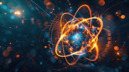 Abstract glowing atom model with interconnected lines set against a blue and orange background