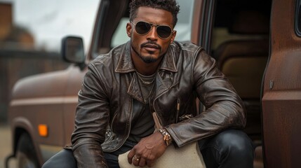 Obraz premium A stylish man in a leather jacket.