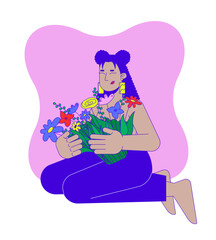 Celebrating strength after mastectomy 2D illustration concept. Breast cancer survivor hispanic woman embracing flowers cartoon character isolated on white. Metaphor abstract flat vector graphic